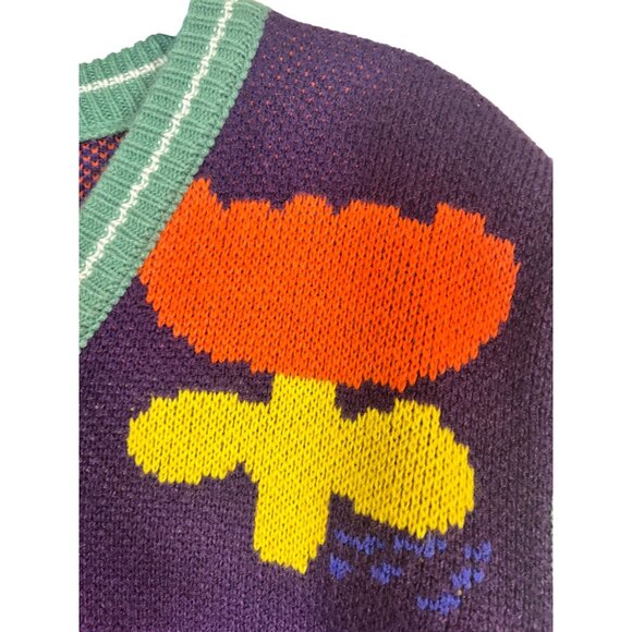 Retro Sweater Vest S Purple Knit Floral Hippie Folk Indie Chic Y2K Colorful 80s - Picture 6 of 9